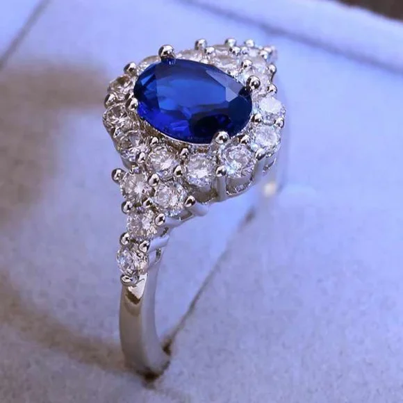 Noble Oval Flower Dainty Royal Blue 925 Silver Ring for Women, VIP500 - Picture 1 of 8